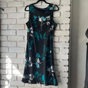 Black Floral Sheath Dress with Teal Accents darted back